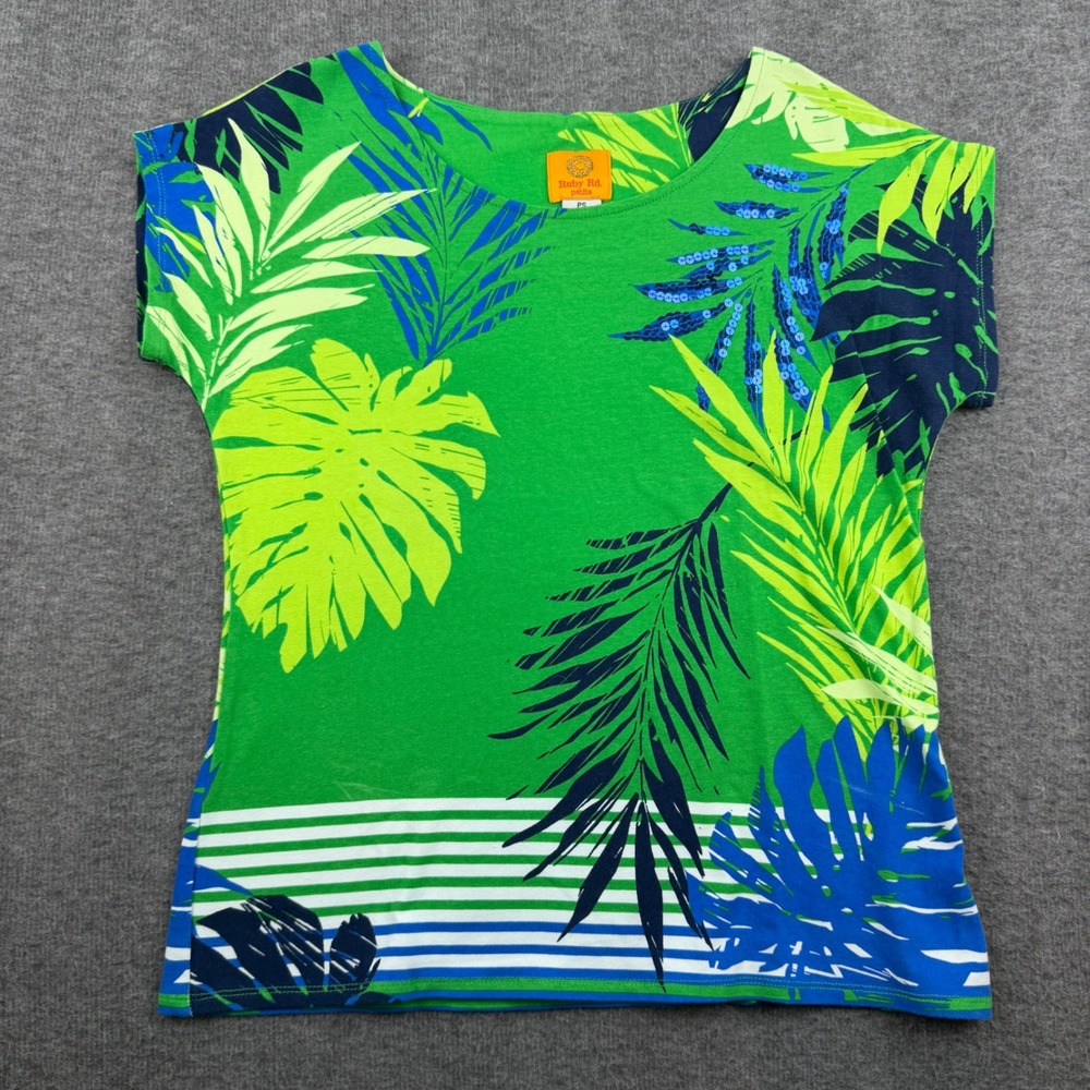 Ruby Rd. Petite Tropical Palm Print Top Women PS Green Blue Sequin Short Sleeve